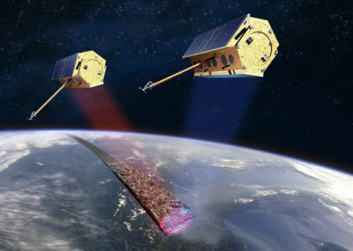 Satellittene TerraSAR-X og TanDEM-X. (Illustrasjon: EADS Astrium) Satellittene TerraSAR-X og TanDEM-X. (Illustrasjon: EADS Astrium)