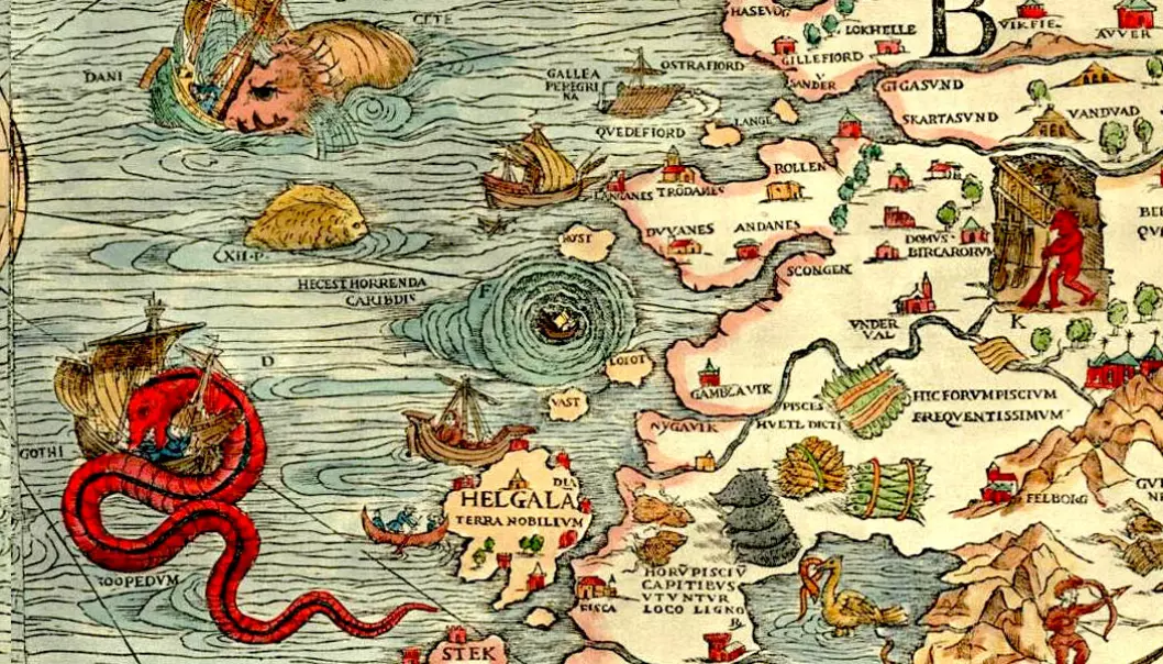 Utsnitt fra Carta Marina, maritimt kart fra 1539. Moskstraumen er markert som det grufulle Kharybdis, som sluker skip og trekker dem ned i dypet.