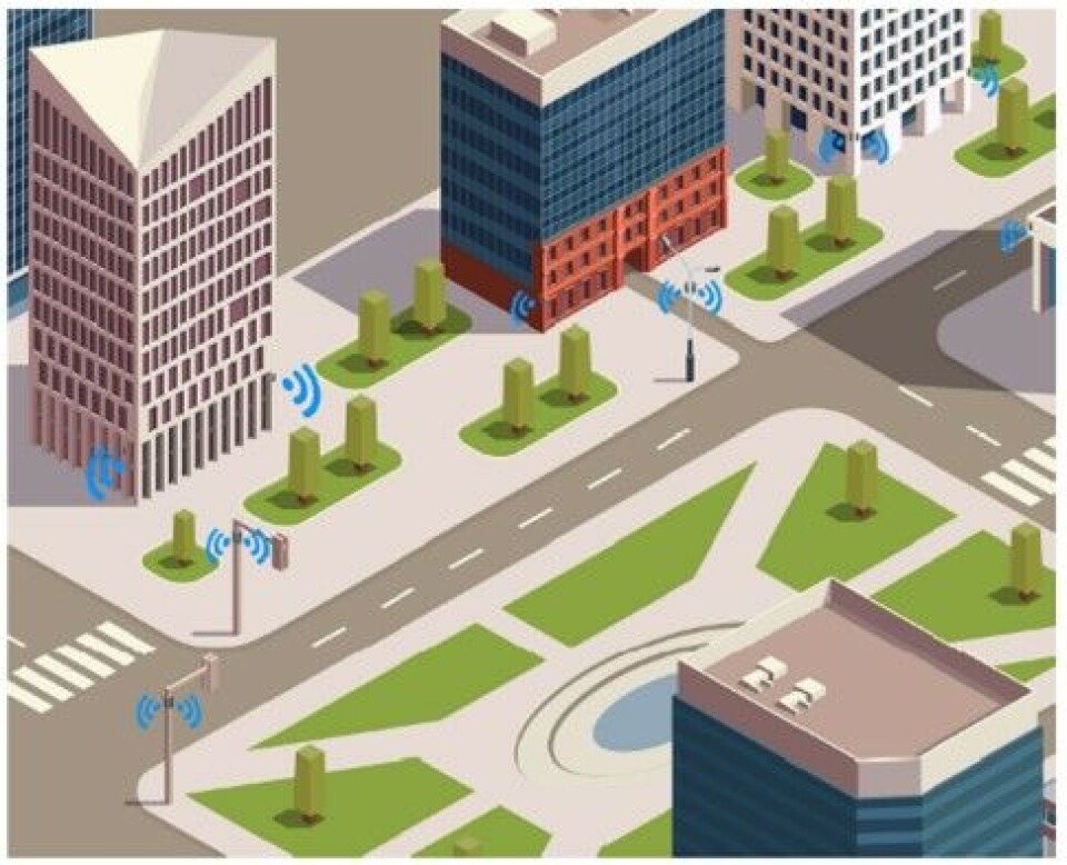 Et gate-scenario med 5G-basestasjoner på hvert gatehjørne.
