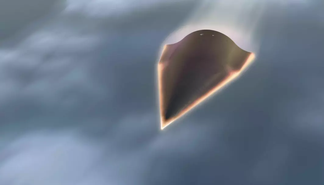 Dette er en kunstnerisk framstilling av det hypersoniske fartøyet kalt HTV-2, testet av DARPA. Den skal ha nådd rundt 20 000 kilometer i timen i atmosfæren. Dette er ikke et våpen, men et hypersonisk eksperiment som ble utført på begynnelsen av 2010-tallet.