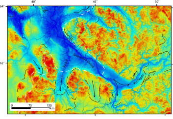 Tidligere antatt isutbredelse i deler av Nordvest-Russland markert med hvite streker, sammenlignet med ny kartlegging av endemorener, markert med svarte streker. (Illustrasjon: NGU) Tidligere antatt isutbredelse i deler av Nordvest-Russland markert med hvite streker, sammenlignet med ny kartlegging av endemorener, markert med svarte streker. (Illustrasjon: NGU)