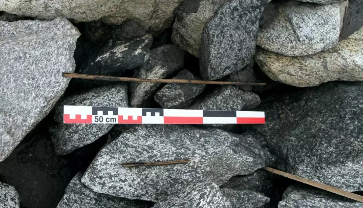 Den veldig varme sommeren i 2019 gjorde at mer snø enn vanlig smeltet, og enda eldre gjenstander enn de man tidligere hadde funnet smeltet frem ved Trollsteinhøe. Dette bildet viser brukne biter av en 4000 år gammel pil, fra slutten av steinalderen.