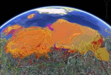 Illustrasjonen er satt sammen av et Google Earth-bilde drapert med data fra NGU som viser kvartærtidens isutbredelse og kartlagde endemorener. (Illustrasjon: NGU) Illustrasjonen er satt sammen av et Google Earth-bilde drapert med data fra NGU som viser kvartærtidens isutbredelse og kartlagde endemorener. (Illustrasjon: NGU)