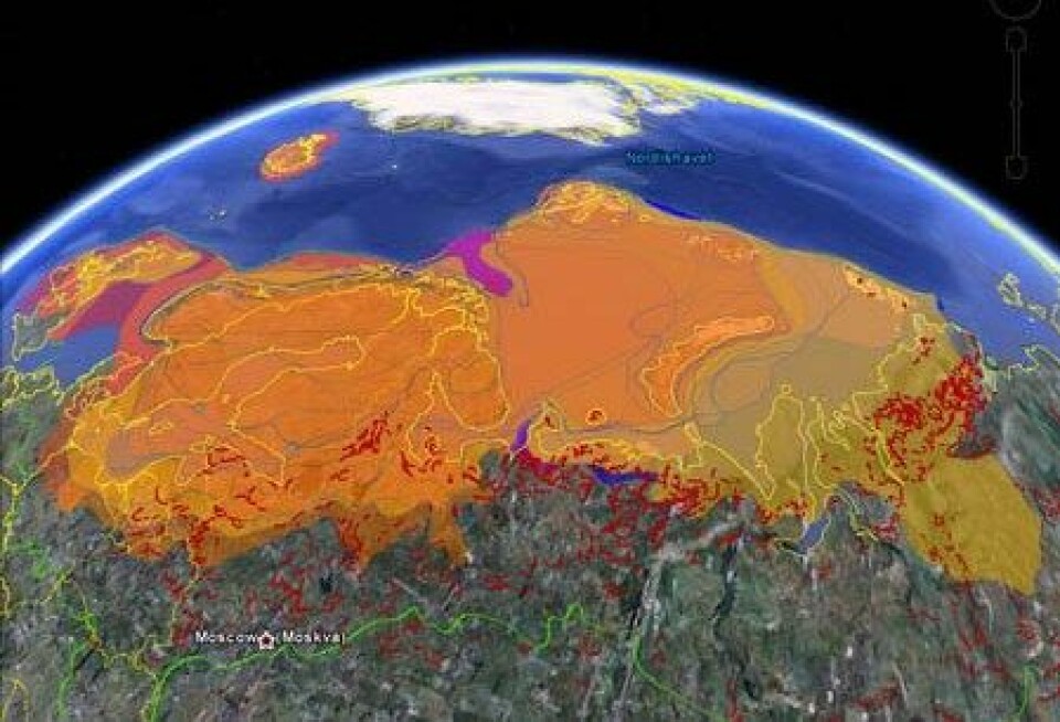 Illustrasjonen er satt sammen av et Google Earth-bilde drapert med data fra NGU som viser kvartærtidens isutbredelse og kartlagde endemorener. (Illustrasjon: NGU)