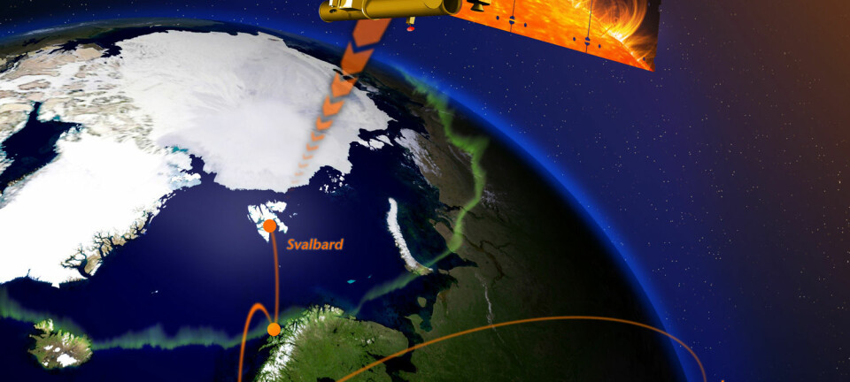 "Data fra Solar B skal lastes ned på Svalbard 15 ganger i døgnet. Den japanske romorganisasjonen JAXA står bak bygging, oppskyting og drift av Solar B-satelliten. Illustrasjon: Trond Abrahamsen, ARR."