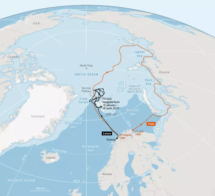 Linjene viser rutene til «Fram» (rød) og «Lance» (svart). Godt over hundre år etter polfarer Fridtjof Nansens Fram-ekspedisjon i Polhavet driftet «Lance» i deler av det samme havområdet.