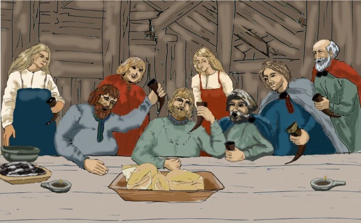 "Julegilde i vikingtiden (Illustrasjon: Aud Beverfjord)" "Julegilde i vikingtiden (Illustrasjon: Aud Beverfjord)"