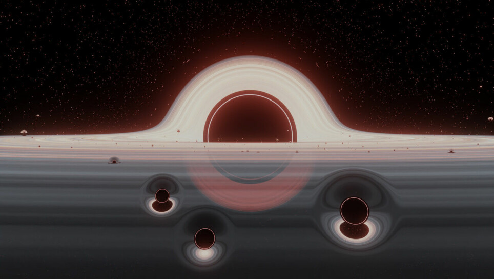 Illustrasjonen viser en sverm av mindre svarte hull i en gasskive som roterer rundt et supermassivt svart hull. Vekselvirkninger mellom tre svarte hull skjer relativt ofte og vil med stor sannsynlighet resultere i en kollisjon som ikke skjer på en sirkulær bane.