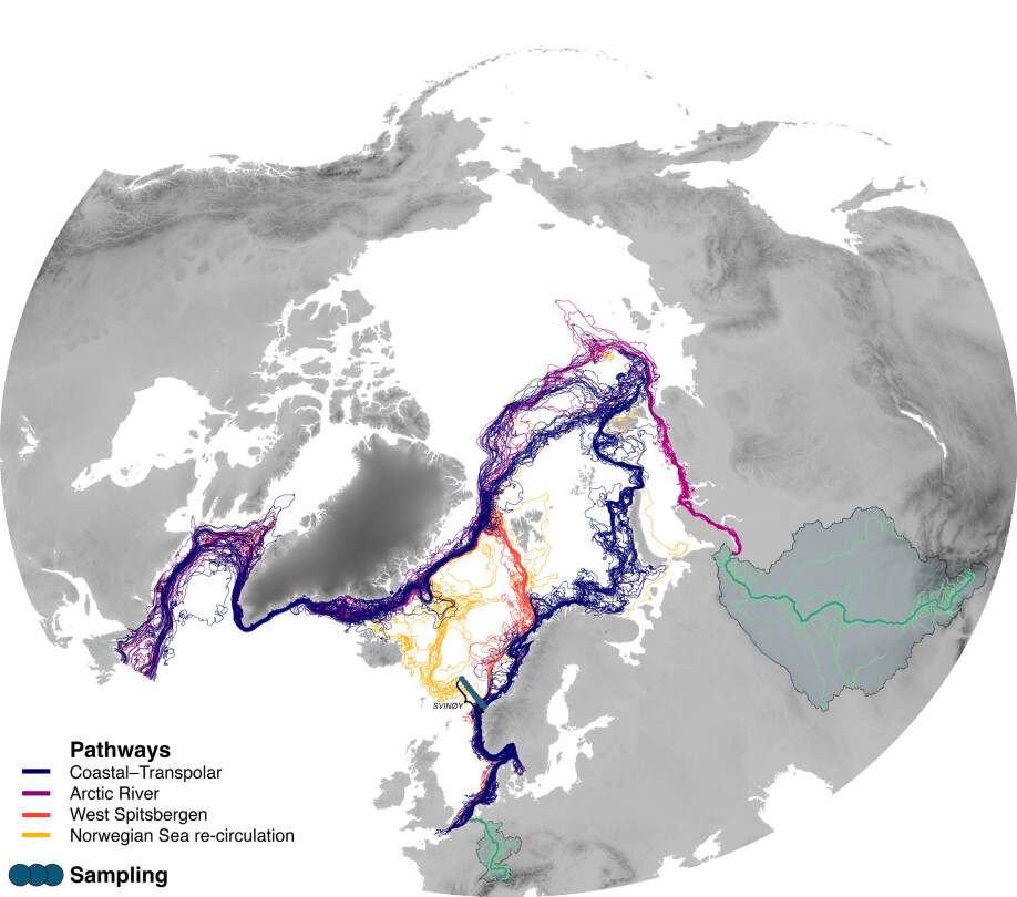 Kartet her viser hvordan utslipp av mikroplast fra den europeiske elven Rhinen (mørkeblå) og den russiske elven Ob (lilla).