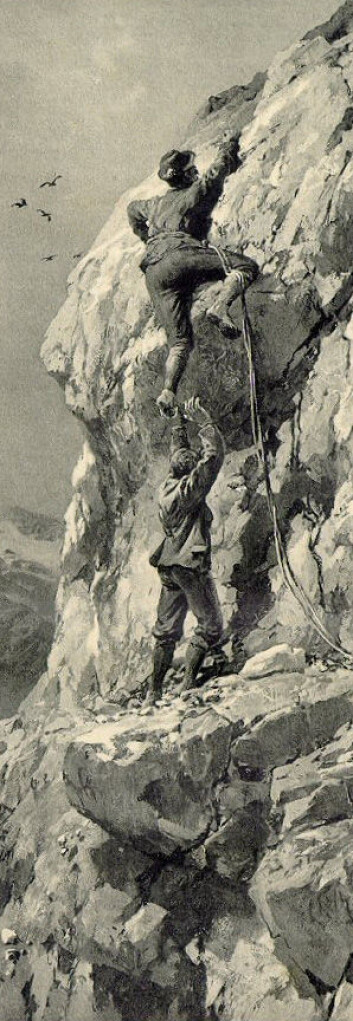 Fjellklatrere lider neppe av høydeskrekk. Men ny forskning fra Sveits kan vise veien til en behandling for pasienter som er redde for høyder. Løsningen er kortisol i kombinasjon med terapi. (Tegning: Edward Theodore Compton) Fjellklatrere lider neppe av høydeskrekk. Men ny forskning fra Sveits kan vise veien til en behandling for pasienter som er redde for høyder. Løsningen er kortisol i kombinasjon med terapi. (Tegning: Edward Theodore Compton)