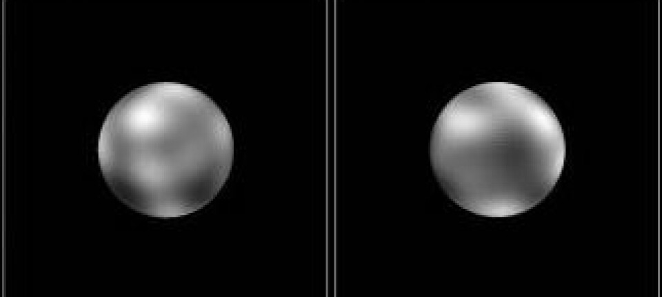 "Her ser du et bilde som viser overflatekontraster på Pluto. Bildet er satt sammen av flere foto tatt av romteleskopet Hubble i 1994 ved hjelp av bildebehandling i en datamaskin. Bildene antyder at Pluto har flere storskala kontraster på overflaten, enn noen annen planet. Tilsammen skimter vi 12 regioner som enten er lyse eller mørke."