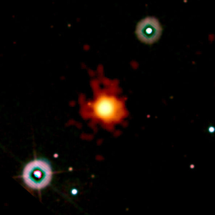 Gammaglimtet var ikke fulgt av synlig lys. Dette bildet kombinerer ulike data fra to av teleskopene på NASAs satelitt Swift. (Illustrasjon: NASA) Gammaglimtet var ikke fulgt av synlig lys. Dette bildet kombinerer ulike data fra to av teleskopene på NASAs satelitt Swift. (Illustrasjon: NASA)