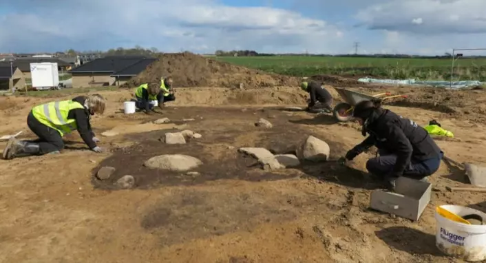 Arkeologer jobber ved graven i Fregerslev i 2017, etter at det øverste laget jord var fjernet.