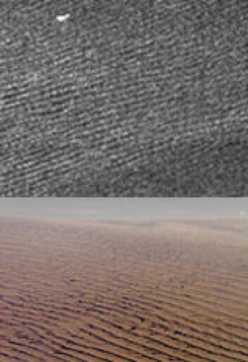 "Øverst: Radarbilde fra Titan. Nederst: Sanddyner i Namibia i Sør-Afrika. Foto: NASA/ESA." "Øverst: Radarbilde fra Titan. Nederst: Sanddyner i Namibia i Sør-Afrika. Foto: NASA/ESA."