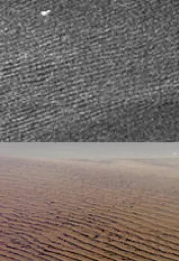 "Øverst: Radarbilde fra Titan. Nederst: Sanddyner i Namibia i Sør-Afrika. Foto: NASA/ESA."