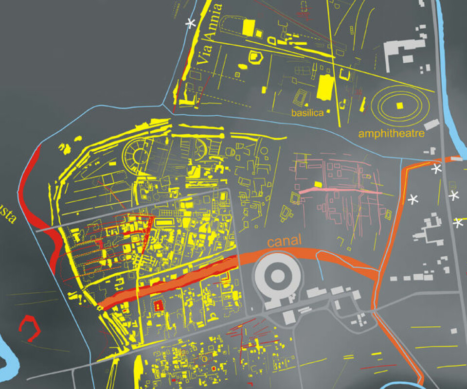 Utsnitt av kart over Altinum. Den store kanalen vises i orange, mens konturene av bebyggelsen er gule. (Foto: Science/AAAS)