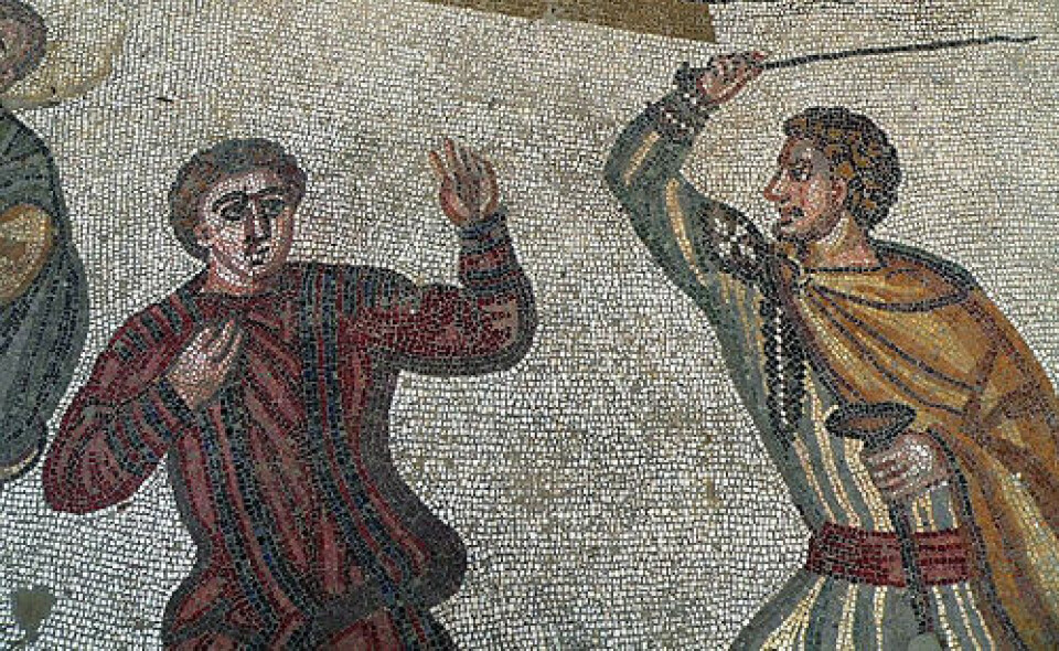 En romersk herre slår sin slave. Siciliansk mosaikk, 300-tallet.