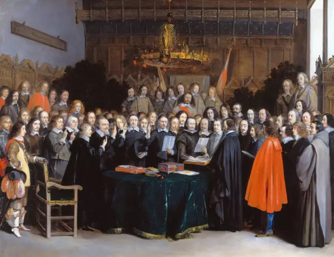 Freden i Westfalen dekker flere fredsavtaler som avsluttet tredveårskrigen i Europa og 80 år med uavhengighetskrig i Nederland. Ratifiseringen av fredsavtalen i Münster er her gjengitt av Gerard ter Borch (1617–1681).