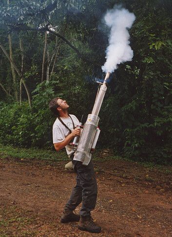 "Såkalt fogging (gassing) av trekronene er en av metodene for å samle insekter i IBISCA-prosjektet. (Foto: Jürgen Schmidl)" "Såkalt fogging (gassing) av trekronene er en av metodene for å samle insekter i IBISCA-prosjektet. (Foto: Jürgen Schmidl)"