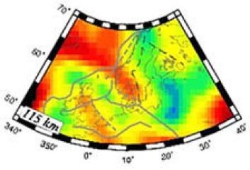 Bildet viser en hastighetsanomali som kan følges fra Nord-Atlanteren til under fjellene av Sør-Norge i 115 km dybde. Resultatet ble publisert i Geophysical Journal International (Weidle & Maupin, 2008). Bildet viser en hastighetsanomali som kan følges fra Nord-Atlanteren til under fjellene av Sør-Norge i 115 km dybde. Resultatet ble publisert i Geophysical Journal International (Weidle & Maupin, 2008).