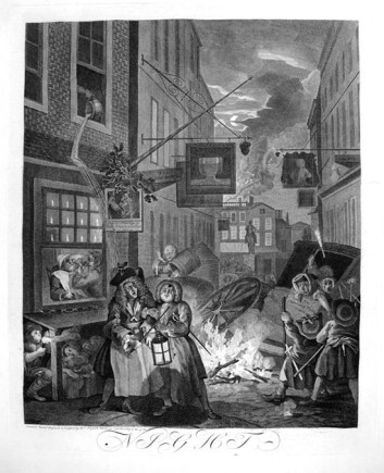 Europeiske byer var trange, urenslige og herjet av sykdommer. I den britiske kunstneren William Hogarths "Night (Four Times of The Day)" fra 1738 får nattevandrere i London innholdet i en nattpotte i hodet. (Foto: Wikimedia Commons) Europeiske byer var trange, urenslige og herjet av sykdommer. I den britiske kunstneren William Hogarths "Night (Four Times of The Day)" fra 1738 får nattevandrere i London innholdet i en nattpotte i hodet. (Foto: Wikimedia Commons)
