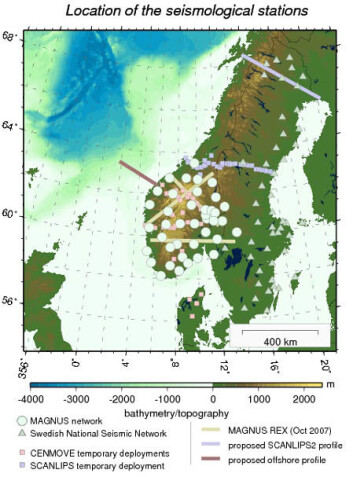 Figuren viser samtlige seismiske eksperimenter som blir knyttet sammen i TopoScandiaDeep. En offshoreprofil ble innsamlet i mai. I august-september blir MT-data målt i et profil fra Haugesund til Drammen. (Figur fra TopoScandiaDeeps nettside) Figuren viser samtlige seismiske eksperimenter som blir knyttet sammen i TopoScandiaDeep. En offshoreprofil ble innsamlet i mai. I august-september blir MT-data målt i et profil fra Haugesund til Drammen. (Figur fra TopoScandiaDeeps nettside)
