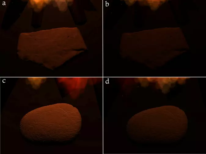 VR-simuleringer av steinplater i flakkende belysning. Motivene ble tydeligere når lyset endret seg, noe som ga motivene en form for bevegelse.