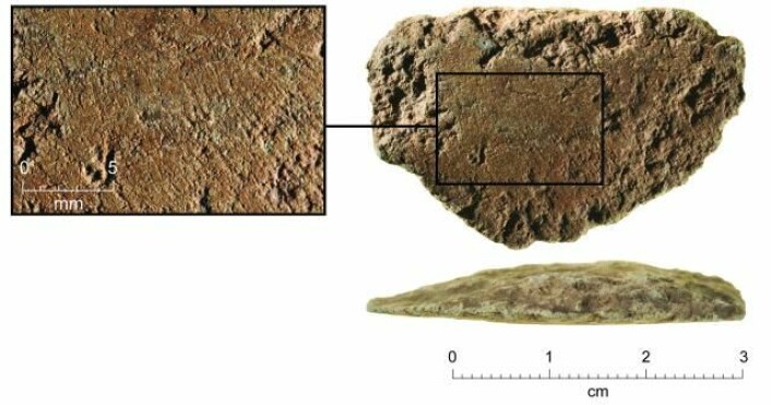 Biten av det 35 000 år gamle øksebladet, med skrapemerker etter slipingen (innfelt). Foto: Australian Archaeological Association.