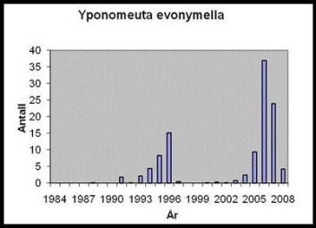 Figuren viser gjennomsnittlig årlig antall heggspinnmøll fanget i en lysfelle 1984-2008. Figuren viser gjennomsnittlig årlig antall heggspinnmøll fanget i en lysfelle 1984-2008.