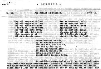 "Det var en enkel standard på de illegale avisene. Faksimile av Ukenytt nummer 11, 1942" "Det var en enkel standard på de illegale avisene. Faksimile av Ukenytt nummer 11, 1942"