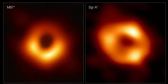 De to sorte hullene ser like ut, til tross for store forskjeller i størrelse og miljøet de befinner seg i. Det supermassive sorte hullet i Messier 87 (til venstre) er 1.600 ganger større enn Sagittarius A* i Melkeveien (til høyre).