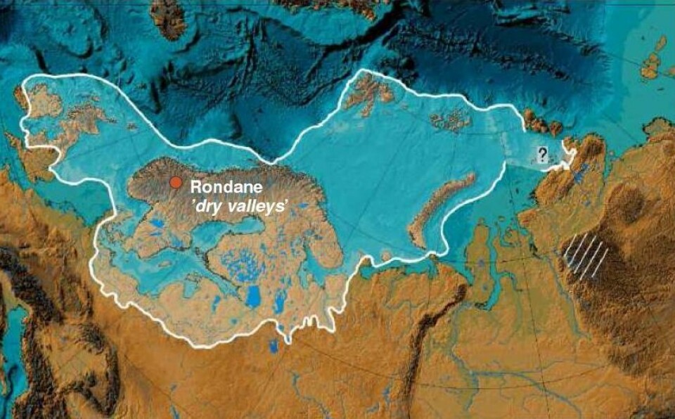 Rondane ”dry valleys” ligg midt i det skandinaviske isdekket når det hadde si største utbreiing på slutten av siste istid for om lag 20 000 år sidan. (Illustrasjon frå Svendsen et al. 2004)