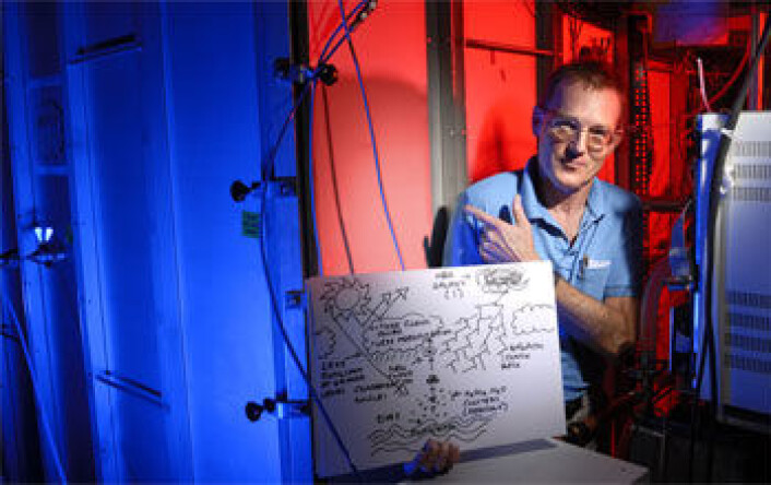 "Jasper Kirkby ved CERN foran CLOUD-prototypen. Han holder en skisse som forklarer den mulige forbindelsen mellom kosmiske stråler og skydannelse." "Jasper Kirkby ved CERN foran CLOUD-prototypen. Han holder en skisse som forklarer den mulige forbindelsen mellom kosmiske stråler og skydannelse."
