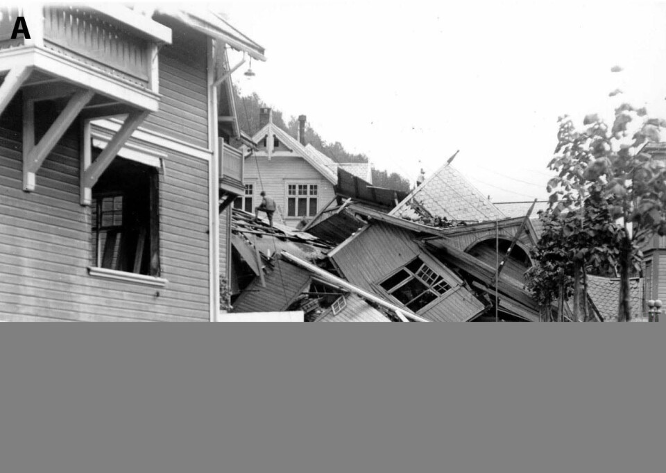 'Flere hus ble knust og seks mennesker mistet livet i et jordskred på Rjukan i 1927. Kartet over bildet viser et lite utsnitt av de omfattende faresonekartene som nå er utarbeidet for Vestfjorddalen.'