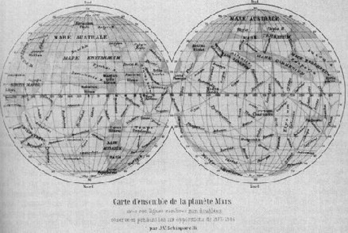 "Shiaparellis kart over Mars fra 1888." "Shiaparellis kart over Mars fra 1888."