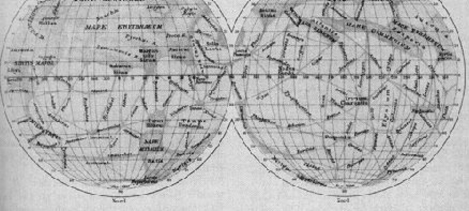 "Shiaparellis kart over Mars fra 1888."