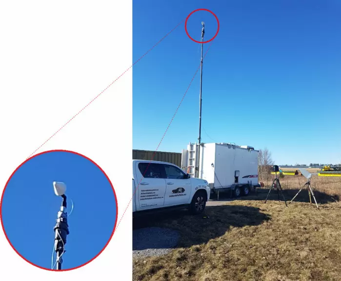 Antenneinstallasjon i ei ti meter høg mast nytta under forsøka på Rygge.