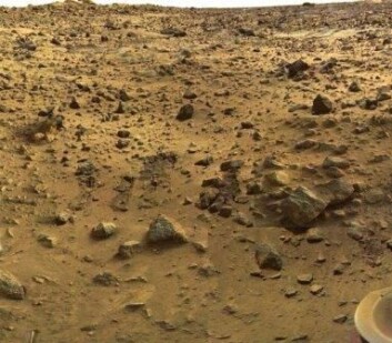 "På dette bildet, kan man se området der Viking 1 landet. Fartøyets støvete fot kan skimtes nede til høyre i bildekanten. (Foto: NASA)" "På dette bildet, kan man se området der Viking 1 landet. Fartøyets støvete fot kan skimtes nede til høyre i bildekanten. (Foto: NASA)"