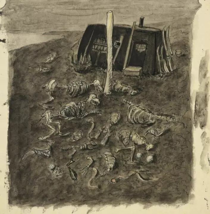 Christiane Ritters akvarell av fangsthytta med skjeletter av gåtefulle dyr omkring.
