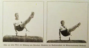 Mann og kvinne i samme positur i bøylehest. Konkurranseidretten var ikke kjønnsdelt før på 1920- og 1930-tallet.