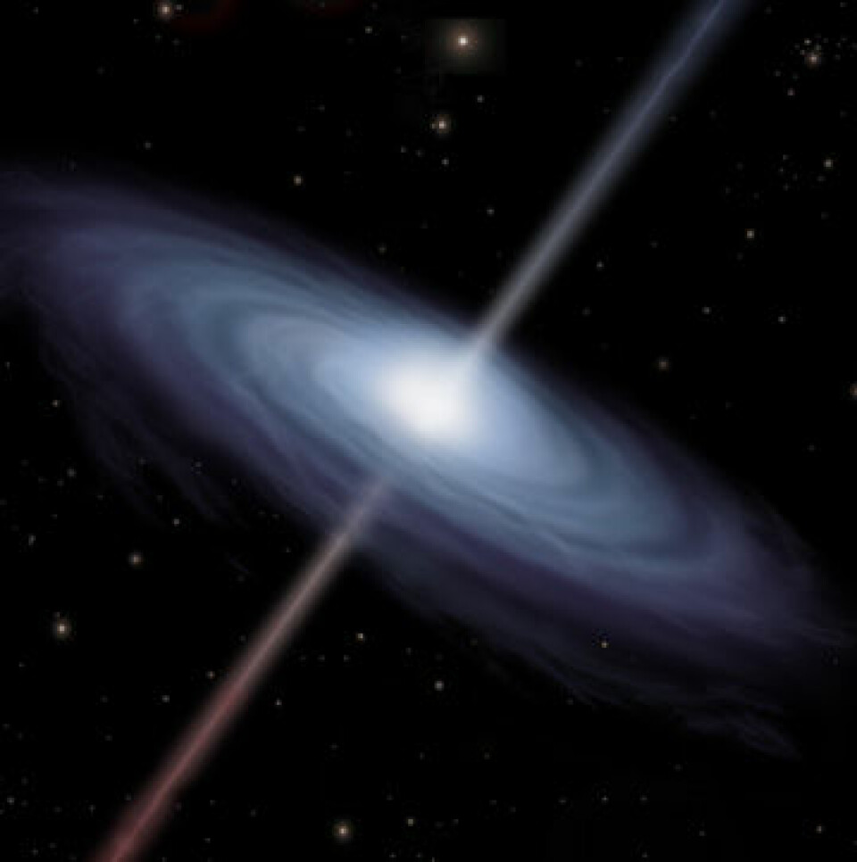 'De fleste galakser har et supermassivt svart hull i midten. Noen av disse svarte hullene klassifiseres som kvasarer. Illustrasjon: NASA '
