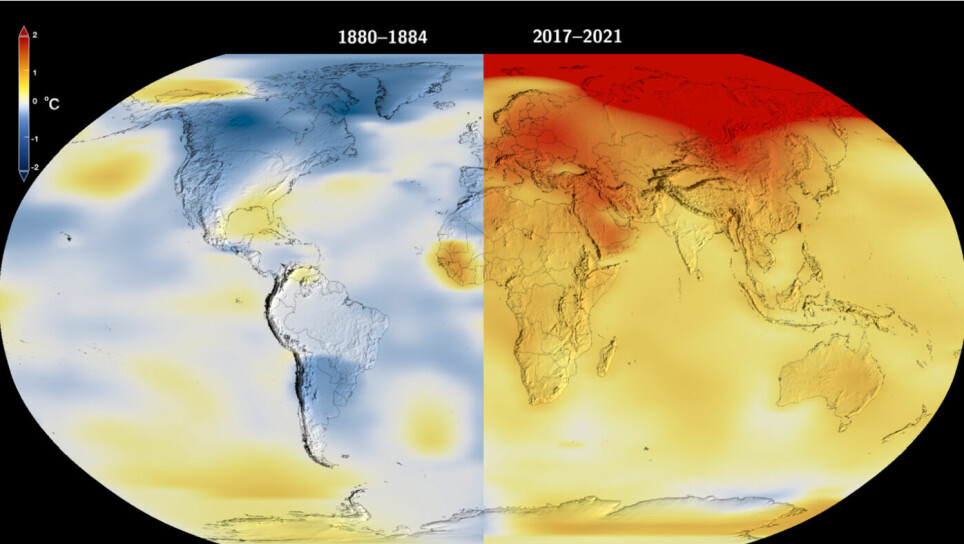 Lokale temperatursvingninger på jorden i 1880-årene (til venstre) sammenlignet med i dag (til høyre). Temperaturen i verden har steget omkring 1 grad i denne perioden, men lokalt kan variasjonene være større eller mindre. Nå kaster ny forskning lys over sammenhengen mellom disse variasjonene og ustabilt i været.