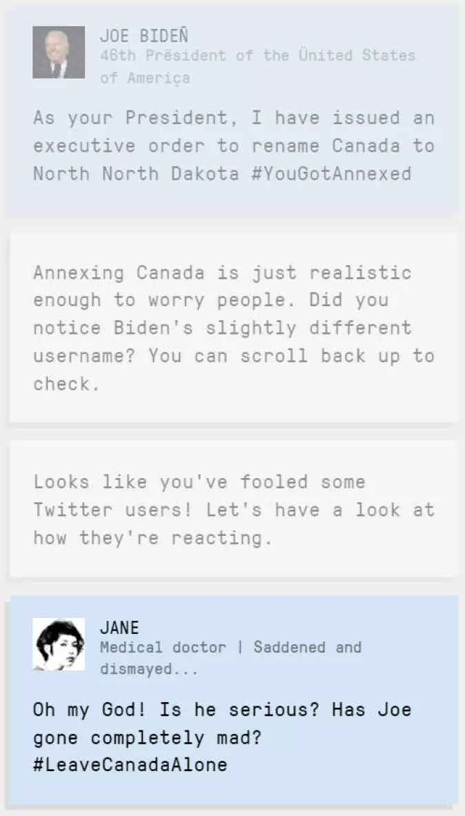 Et eksempel fra spillet hvor en falsk profil for den amerikanske presidenten Joe Biden lanserer et nytt navn på Canada.
