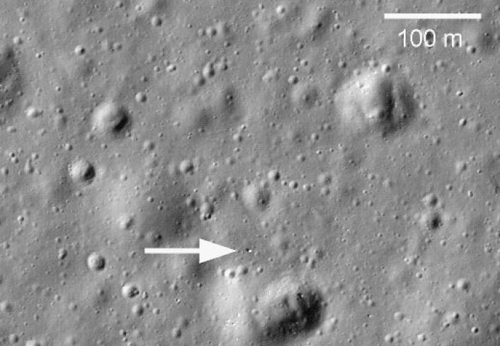 Den bortkomne måne-farkosten ble oppdaget av NASA i månens Mare Imbrium og deretter nøyaktig lokalisert av ved hjelp av laserstråler fra Jorda. (Foto: NASA/GSFC/Arizona State University) Den bortkomne måne-farkosten ble oppdaget av NASA i månens Mare Imbrium og deretter nøyaktig lokalisert av ved hjelp av laserstråler fra Jorda. (Foto: NASA/GSFC/Arizona State University)