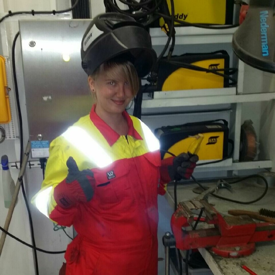 Marie Haugli Larsen is studying cyber security at sea for her PhD research. But she has a different perspective than most researchers on the topic: she is trained as a deck officer and has spent two years at sea. Here, Larsen is working on a welding project aboard her ship.