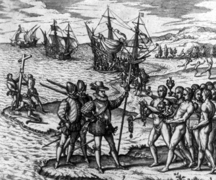 Christofer Columbus og hans menn går i land på øya Hispaniola og møter de opprinnelige innbyggerne, antagelig Arawak-indianere. Noen lærde mente at indianerne var etterkommere av spanjoler som en gang hadde forlatt Europa og blitt påvirket av et nytt klima og annerledes kosthold. (Foto: Wikipedia Commons) Christofer Columbus og hans menn går i land på øya Hispaniola og møter de opprinnelige innbyggerne, antagelig Arawak-indianere. Noen lærde mente at indianerne var etterkommere av spanjoler som en gang hadde forlatt Europa og blitt påvirket av et nytt klima og annerledes kosthold. (Foto: Wikipedia Commons)