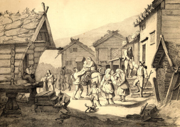 ""Udvandring". Tegning av Adolph Tidemand. Fra ""Norge fremstillet i tegninger" utgitt av Chr. Tönsberg, Christiania 1848. Gjengitt med tillatelse fra Nasjonalbiblioteket." ""Udvandring". Tegning av Adolph Tidemand. Fra ""Norge fremstillet i tegninger" utgitt av Chr. Tönsberg, Christiania 1848. Gjengitt med tillatelse fra Nasjonalbiblioteket."