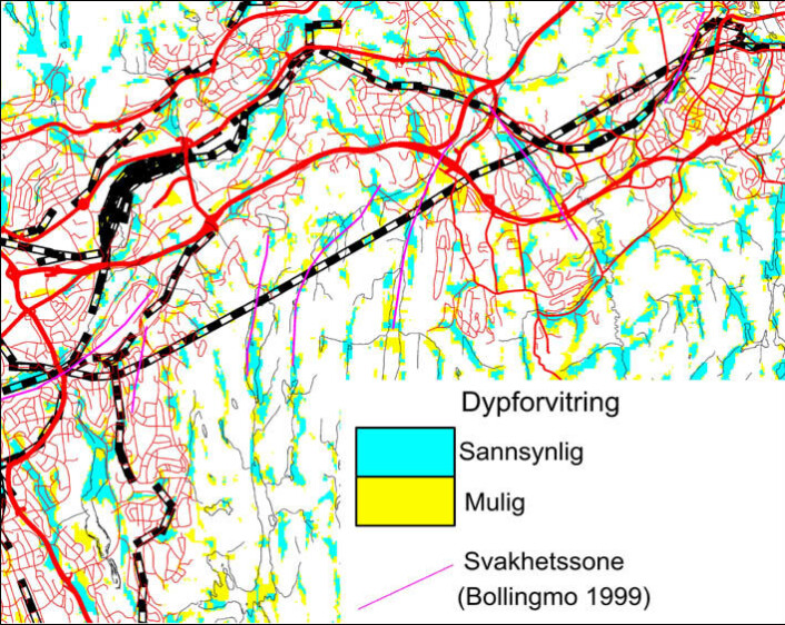 "Tolking av forvitret fjell i dypet samsvarer godt med svakhetssonene som ble avdekket under byggingen av Romeriksporten." "Tolking av forvitret fjell i dypet samsvarer godt med svakhetssonene som ble avdekket under byggingen av Romeriksporten."