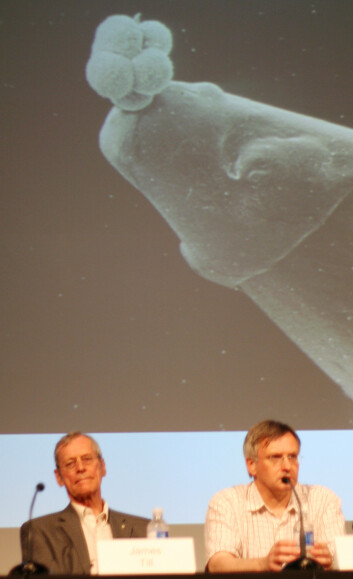 "James Till (til venstre) ble hedret under det årlige møtet i International Society for Stem Cell Research i Toronto, Canada." "James Till (til venstre) ble hedret under det årlige møtet i International Society for Stem Cell Research i Toronto, Canada."