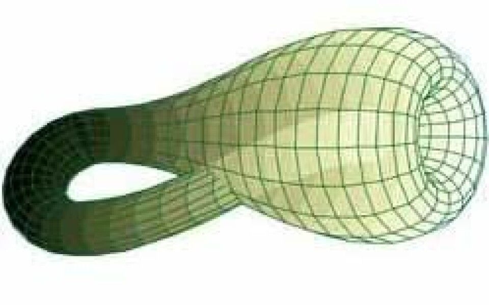 Fire-dimensjonalitet er forsøkt visualisert ved hjelp av ulike geometriske figurer. En av de mest kjente er denne såkalte «Klein bottle». Den er første gang beskrevet i 1882 av den tyske matematikeren Felix Klein. Klein-flasken er en lukket flate med bare én side. Den kan beskrives som en sylinder som går i «loop» tilbake gjennom seg selv, for så å kobles sammen med sin egen ende.